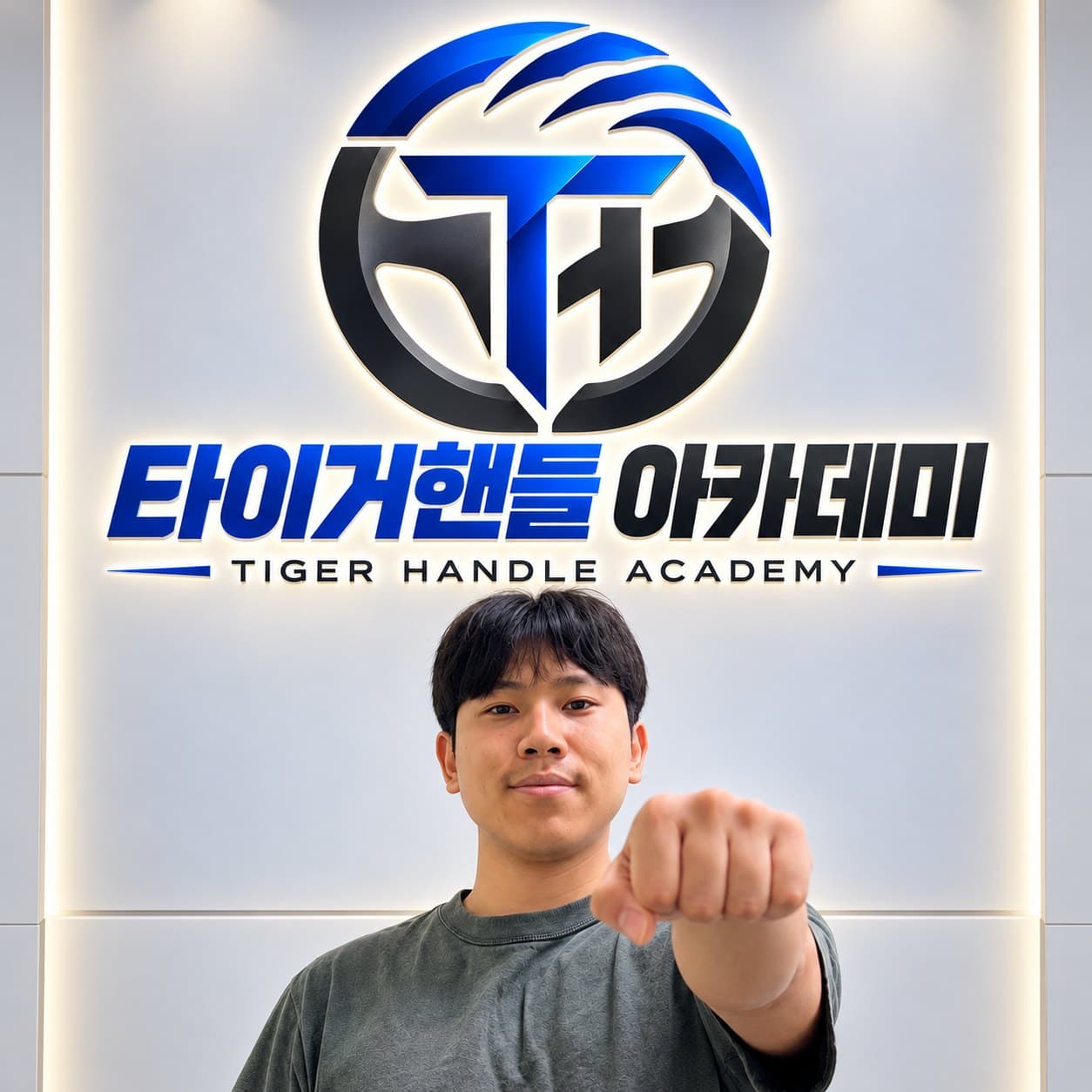 타이거핸들 아카데미 로고 사인 앞에 선 강사